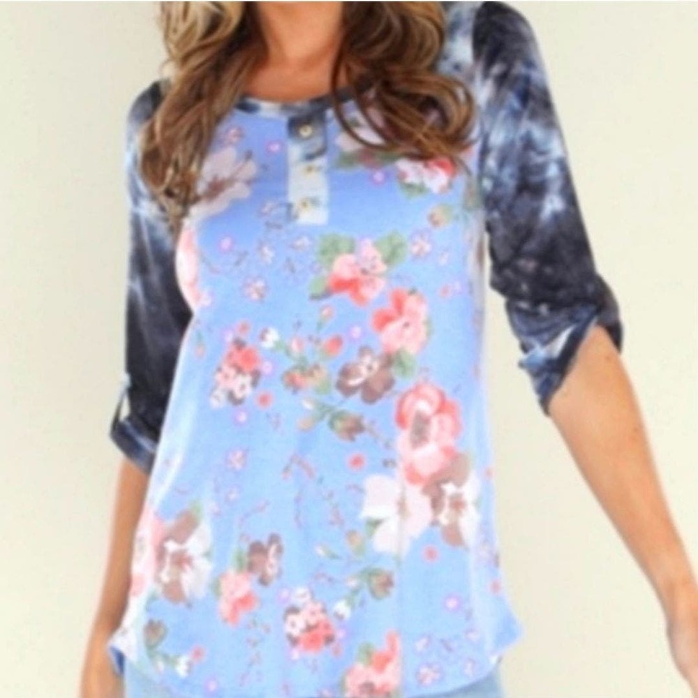 Celeste Blue Floral 3/4 sleeve Blouse Lightweight Long Sleeve Top